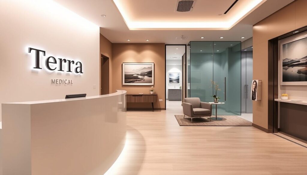 A modern, minimalist medical clinic interior with a warm, inviting atmosphere. In the foreground, a sleek, white reception desk with a large, backlit logo reading "Terra Medical". Behind it, a stylish waiting area with plush, gray armchairs and a large, framed landscape artwork on the wall. The middle ground features a hallway leading to private consultation rooms, its walls adorned with soothing, natural-toned artwork. The lighting is soft and indirect, creating a calming, professional ambiance. The overall design exudes an aura of precision, expertise, and personalized care, perfectly suited for a hair restoration and aesthetic clinic.