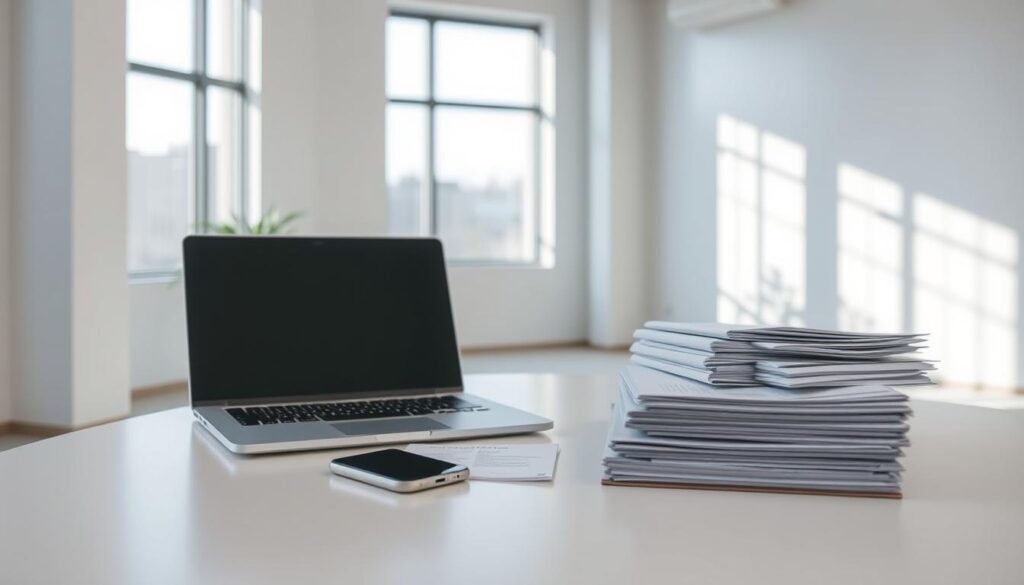 A modern, minimalist office interior with natural light filtering through large windows. On a clean, white desk, a laptop, a smartphone, and stacks of paperwork depicting the USD fixed deposit account opening process. A neutral-toned color palette creates a calm, professional atmosphere. The lighting is soft and diffused, accentuating the clean lines and sleek design elements. The composition focuses on the desktop items, subtly hinting at the financial nature of the scene. The overall impression is one of efficiency, clarity, and attention to detail, reflecting the essential steps involved in opening a USD fixed deposit account.