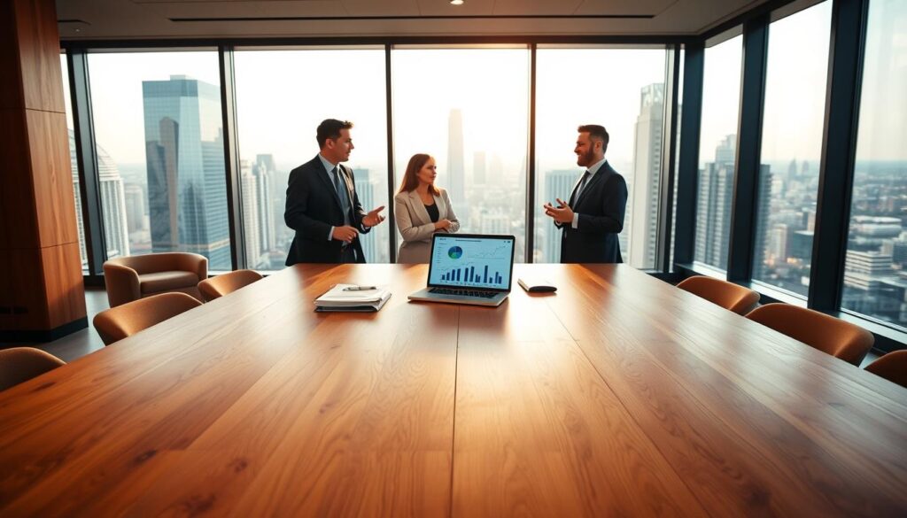 A modern, minimalist office setting with a large rectangular wooden table in the foreground. Atop the table, a stack of documents, a pen, and a laptop displaying data charts and graphs. In the middle ground, three professionals in business attire are engaged in a discussion, gesturing animatedly. The background features floor-to-ceiling windows overlooking a vibrant cityscape, bathed in warm, natural lighting. The atmosphere conveys a sense of thoughtful evaluation, collaborative decision-making, and a focus on data-driven analysis.