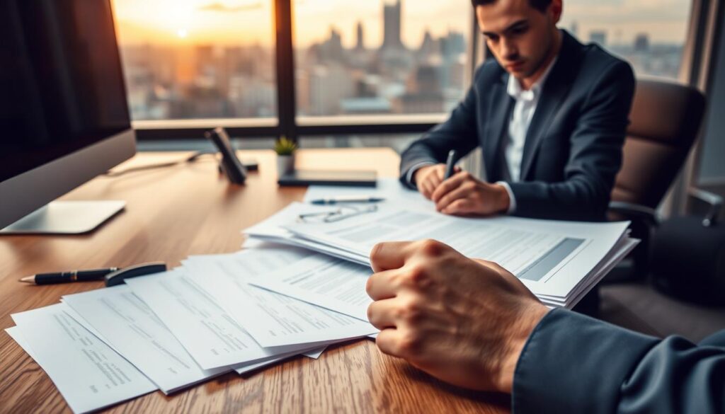 A modern, minimalist office setting with a wooden desk, a computer, and a stack of documents representing a loan application process. In the foreground, a person's hand filling out forms, with a focused, serious expression. The background features a large window overlooking a cityscape, casting warm, natural lighting across the scene. The overall atmosphere is one of professionalism, efficiency, and diligence, reflecting the requirements and application process for a personal loan.