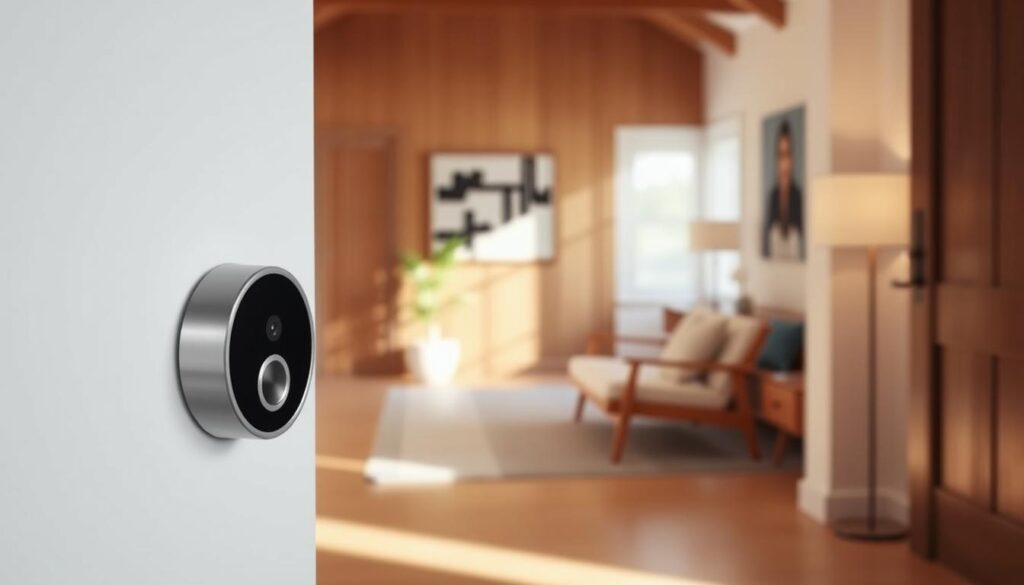 A modern, minimalist smart home scene featuring the Arlo Video Doorbell. In the foreground, the brushed metal doorbell with its sleek, circular design and discreet camera stands out against a white wall. The doorbell's display shows a live video feed, indicating its smart home integration capabilities. In the middle ground, a wood-paneled entryway with a clean-lined bench and potted plant creates a welcoming atmosphere. The background features a blurred view of a contemporary living room, hinting at the seamless connectivity the Arlo video doorbell provides to the entire smart home system. Warm, natural lighting casts a soft glow, emphasizing the product's premium aesthetic and intuitive smart home features. A modern, minimalist smart home scene featuring the Arlo Video Doorbell. In the foreground, the brushed metal doorbell with its sleek, circular design and discreet camera stands out against a white wall. The doorbell's display shows a live video feed, indicating its smart home integration capabilities. In the middle ground, a wood-paneled entryway with a clean-lined bench and potted plant creates a welcoming atmosphere. The background features a blurred view of a contemporary living room, hinting at the seamless connectivity the Arlo video doorbell provides to the entire smart home system. Warm, natural lighting casts a soft glow, emphasizing the product's premium aesthetic and intuitive smart home features.