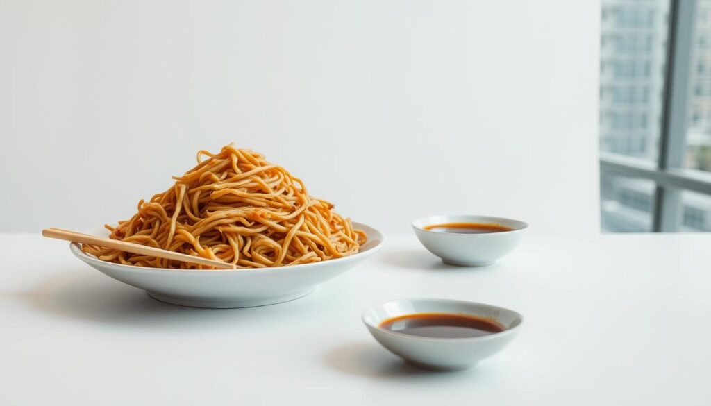 A modern, minimalist still life composition showcasing the evaluation criteria for the best fried bee hoon in Singapore. In the foreground, an arrangement of neatly organized items - a plate with a steaming portion of fried bee hoon, a pair of chopsticks, and a small bowl containing a rich, aromatic sauce. The midground features a clean, white backdrop, allowing the food to take center stage. The background subtly hints at a modern, urban setting, with muted tones and a hint of architectural elements. Soft, diffused lighting illuminates the scene, creating a warm, inviting atmosphere. The overall mood is one of simplicity, focus, and the celebration of the humble yet delicious fried bee hoon.