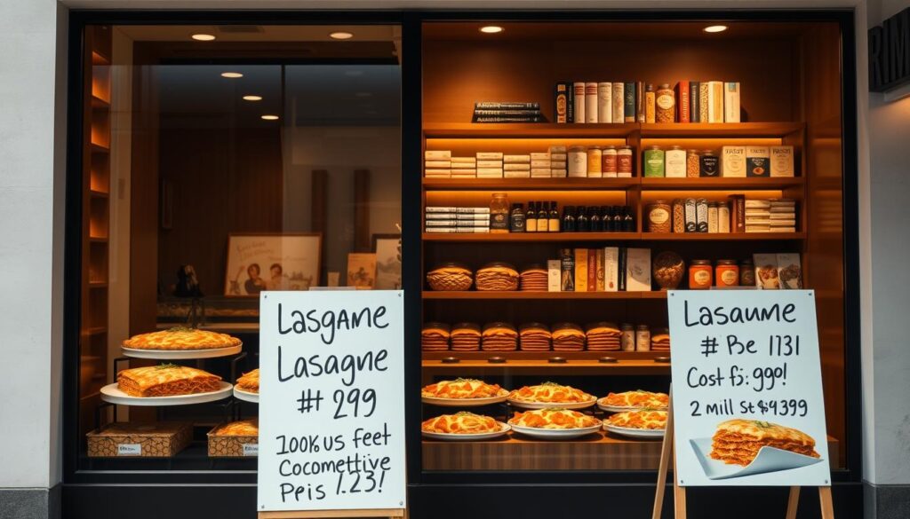 A modern, minimalist storefront with large display windows showcasing an array of tempting lasagna dishes. The interior is warmly lit, highlighting the rich textures and vibrant colors of the food. In the foreground, crisp, hand-written signs advertise special offers and competitive prices, drawing the viewer's attention. The background features sleek, wooden shelves displaying an assortment of Italian ingredients and cookbooks, creating an authentic, culinary atmosphere. The overall scene conveys a sense of quality, value, and an inviting dining experience.
