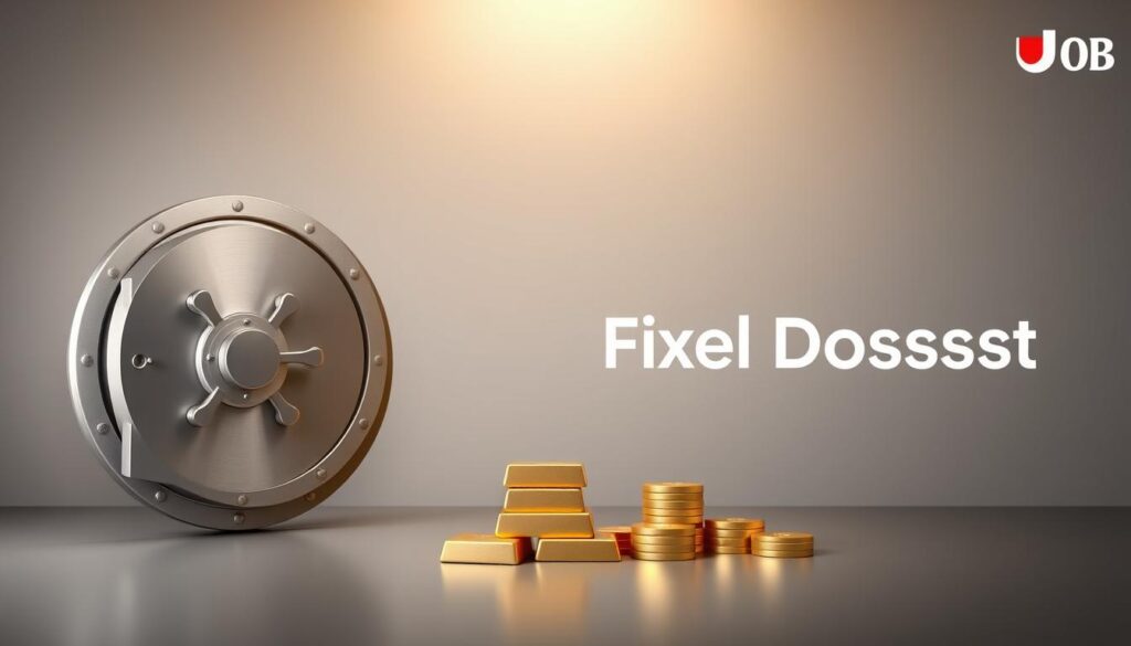 A modern, minimalist visual representation of UOB's fixed deposit promotions. A sleek, silver-toned bank vault door dominates the foreground, conveying a sense of security and stability. In the middle ground, neatly stacked gold bullion bars and coins symbolize the financial growth and returns offered by UOB's fixed deposit accounts. The background features a clean, gray gradient, creating a calm, professional atmosphere. Subtle, soft lighting from above casts a warm glow across the scene, highlighting the luxurious, high-quality materials. The overall composition exudes an air of trustworthiness, reliability, and financial opportunity.