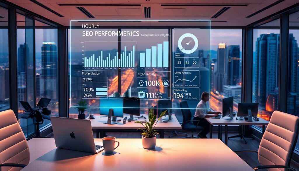 A modern office interior, filled with vibrant energy and focus. In the foreground, a sleek, minimalist desk with a laptop, coffee mug, and a small plant. Hovering above, a floating holographic display showcasing hourly SEO performance metrics, charts, and insights. The middle ground features a team of marketing professionals, collaborating intently, their faces illuminated by the soft glow of multiple monitors. The background reveals floor-to-ceiling windows, offering a breathtaking cityscape view of skyscrapers and bustling streets. The lighting is a balanced mix of warm and cool tones, creating a productive, yet visually appealing atmosphere. The overall composition conveys the efficiency and innovation of NinjaPromo's hourly-based marketing services.