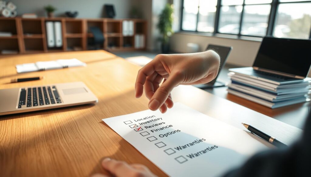 A modern office interior with a wooden desk, a laptop, and a stack of files. On the desk, a person's hand is circling a checklist with various car dealer-related items like "Location", "Inventory", "Reviews", "Financing Options", and "Warranties". The room is illuminated by natural light streaming through large windows, creating a warm and professional atmosphere. The camera angle is slightly overhead, giving a clear view of the checklist and the hand. The depth of field is shallow, keeping the checklist in focus while softening the background elements.