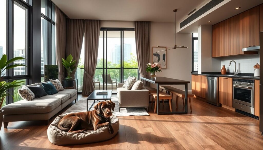 A modern, pet-friendly serviced apartment in Singapore with an inviting, open-plan layout. The living room features large windows that flood the space with natural light, highlighting a cozy seating area with plush, pet-friendly furnishings. In the foreground, a well-behaved dog relaxes on a comfortable pet bed. The kitchen, visible in the middle ground, is equipped with stainless steel appliances and ample counter space. The background showcases a balcony with lush greenery and a view of the city skyline. The overall atmosphere is warm, welcoming, and tailored to the needs of both human and canine residents.
