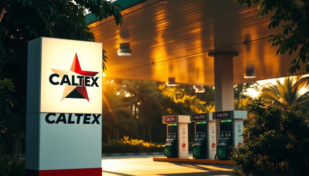 A modern petrol station surrounded by lush greenery, bathed in warm, golden light. In the foreground, a sleek, well-designed Caltex logo prominently displayed on a fuel pump, reflecting the station's branding and visual identity. The middle ground features a row of fuel pumps, each with clear signage indicating the various fuel grades and rewards programs available. In the background, the station's canopy casts dramatic shadows, creating a sense of depth and dimensionality. The overall atmosphere is one of efficiency, reliability, and a commitment to customer experience, perfectly capturing the essence of Caltex's fuel rewards program in Singapore.