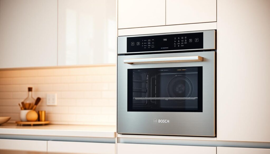 A modern, sleek Bosch steam function oven with smart features, showcased in a bright, well-lit kitchen setting. The oven is the central focus, presented at an angle to highlight its brushed steel exterior and intuitive control panel. The background features clean, minimalist cabinetry and tile backsplash, emphasizing the oven's high-tech aesthetic. Soft, diffused lighting creates a warm, inviting atmosphere, complementing the oven's advanced capabilities. The image captures the oven's premium design and cutting-edge functionality, reflecting its position as a top-of-the-line built-in oven option for discerning Singaporean homeowners.