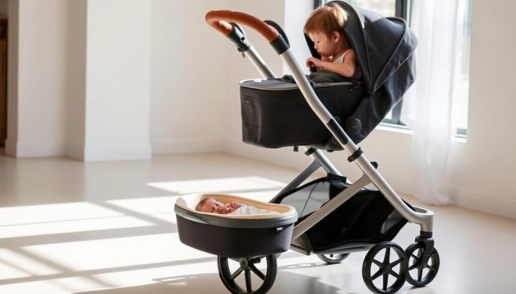 A modern, sleek UPPAbaby Vista V3 stroller stands in a sunlit room, its silver frame and charcoal grey fabric gleaming. The stroller's large, all-terrain tires and adjustable handlebar hint at its versatility. In the foreground, a newborn nestled in a plush bassinet attachment sleeps peacefully, while a toddler sits comfortably in the upper seat, surveying the scene. Subtle details like the leather-wrapped handlebar and the stroller's compact, foldable design emphasize its premium quality and suitability for growing families. The image exudes a sense of comfort, safety, and style, perfectly capturing the essence of the UPPAbaby Vista V3 as the best stroller for families in Singapore. A modern, sleek UPPAbaby Vista V3 stroller stands in a sunlit room, its silver frame and charcoal grey fabric gleaming. The stroller's large, all-terrain tires and adjustable handlebar hint at its versatility. In the foreground, a newborn nestled in a plush bassinet attachment sleeps peacefully, while a toddler sits comfortably in the upper seat, surveying the scene. Subtle details like the leather-wrapped handlebar and the stroller's compact, foldable design emphasize its premium quality and suitability for growing families. The image exudes a sense of comfort, safety, and style, perfectly capturing the essence of the UPPAbaby Vista V3 as the best stroller for families in Singapore.