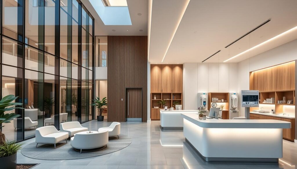 A modern, sleek dermatology clinic with a minimalist design aesthetic. The building's exterior features floor-to-ceiling windows, clean lines, and a contemporary glass facade. The lobby is bright and airy, with a natural color palette of whites, grays, and warm wood accents. Comfortable seating areas and a large, backlit reception desk create a welcoming atmosphere. Exam rooms are equipped with the latest dermatological technology, including high-resolution imaging systems and advanced treatment devices. Soft lighting and soothing decor help patients feel at ease. The clinic's layout is designed for efficiency, with a smooth patient flow and easy access to all services. An overall sense of professionalism, innovation, and personalized care is conveyed through the clinic's thoughtful, high-quality design.