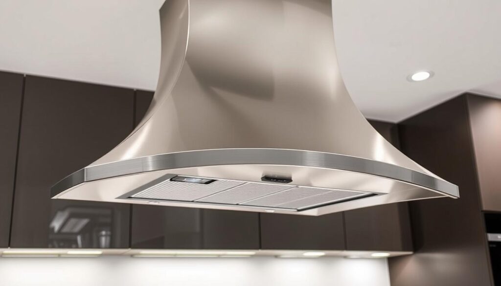 A modern, sleek kitchen hood with a brushed stainless steel finish, suspended from the ceiling with minimalist hardware. The hood features a curved, tapered silhouette, with a low-profile design that blends seamlessly into the kitchen's contemporary aesthetic. Powerful yet quiet extraction fans are housed within, creating an efficient and discreet ventilation system. Soft, directional LED lighting illuminates the cooktop below, enhancing visibility and ambiance. The design balances form and function, offering a striking centerpiece that elevates the entire kitchen space.