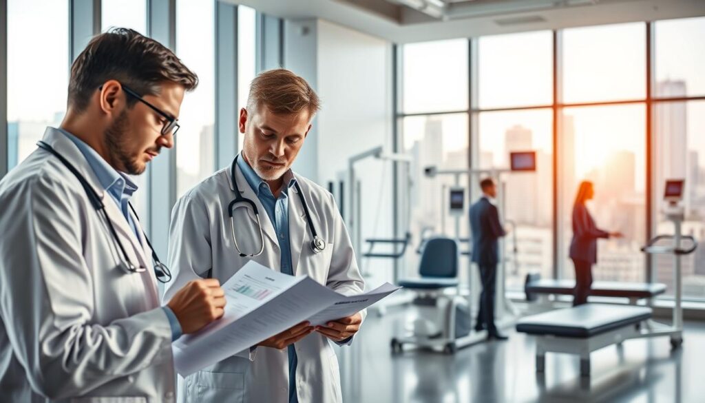 A modern, sleek medical clinic interior with natural lighting filtering through large windows. In the foreground, a team of healthcare professionals meticulously reviewing patient records and analyzing data on clinic performance metrics. In the middle ground, state-of-the-art physiotherapy equipment and treatment rooms, showcasing the clinic's advanced capabilities. The background features an abstract cityscape, hinting at the clinic's central urban location. The overall mood is one of professionalism, innovation, and a commitment to excellence in patient care.