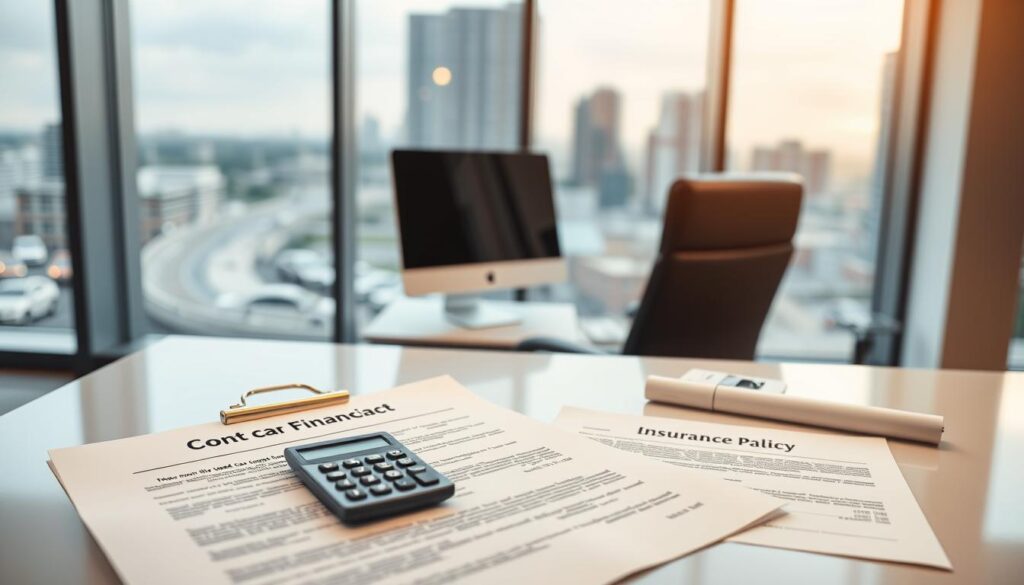 A modern, sleek office interior with a desk, computer, and financial documents. In the foreground, a used car dealership contract and a calculator, symbolizing the financing aspect. In the middle ground, a car insurance policy and a calculator, representing the insurance aspect. The background features a large window overlooking a cityscape, creating a professional and authoritative atmosphere. Soft, warm lighting illuminates the scene, and the composition is balanced and visually appealing.