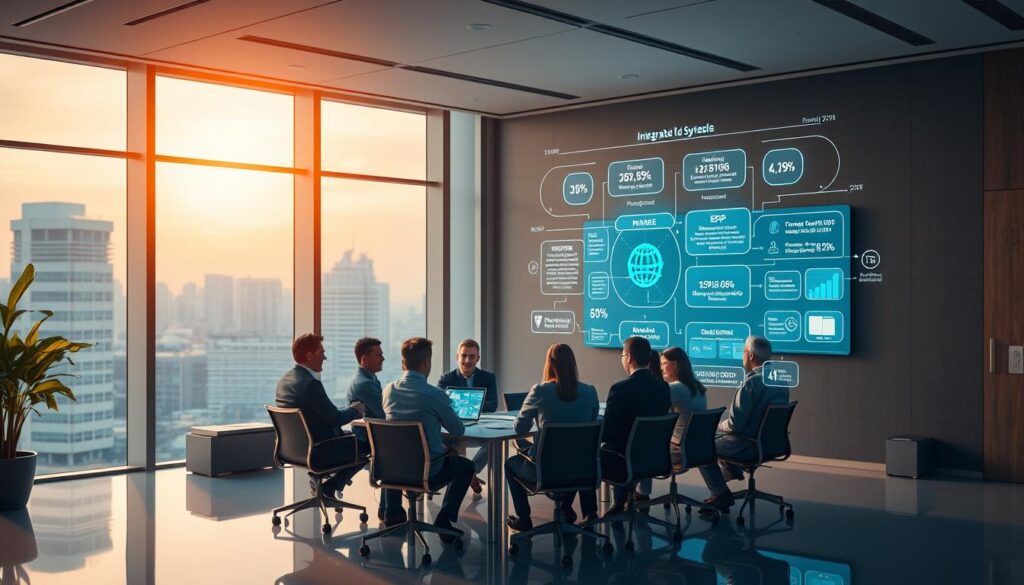 A modern, sleek office interior with a large window overlooking a cityscape. In the foreground, a team of professionals gathered around a conference table, deep in discussion, surrounded by holographic displays showcasing financial data and business analytics. The lighting is warm and focused, creating a sense of productivity and collaboration. In the background, a wall-mounted screen displays a visual representation of an integrated enterprise resource planning (ERP) system, its various modules and interconnected workflows. The overall atmosphere conveys a sense of efficiency, optimization, and the synergistic power of technology-driven business systems. A modern, sleek office interior with a large window overlooking a cityscape. In the foreground, a team of professionals gathered around a conference table, deep in discussion, surrounded by holographic displays showcasing financial data and business analytics. The lighting is warm and focused, creating a sense of productivity and collaboration. In the background, a wall-mounted screen displays a visual representation of an integrated enterprise resource planning (ERP) system, its various modules and interconnected workflows. The overall atmosphere conveys a sense of efficiency, optimization, and the synergistic power of technology-driven business systems.
