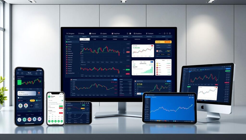 A modern, sleek trading platform comparison featuring multiple displays showcasing financial data, charts, and trading tools. The foreground depicts various mobile devices and desktop computers, each displaying a different trading app interface. The middle ground showcases a large, high-resolution central screen that acts as the main trading hub, with customizable widgets and real-time market information. The background is a minimalist, grey-toned office setting with clean lines and subtle lighting, creating a professional and focused atmosphere. The overall composition conveys the intuitive, comprehensive nature of the best trading apps available in Singapore, catering to the needs of both casual and experienced investors.