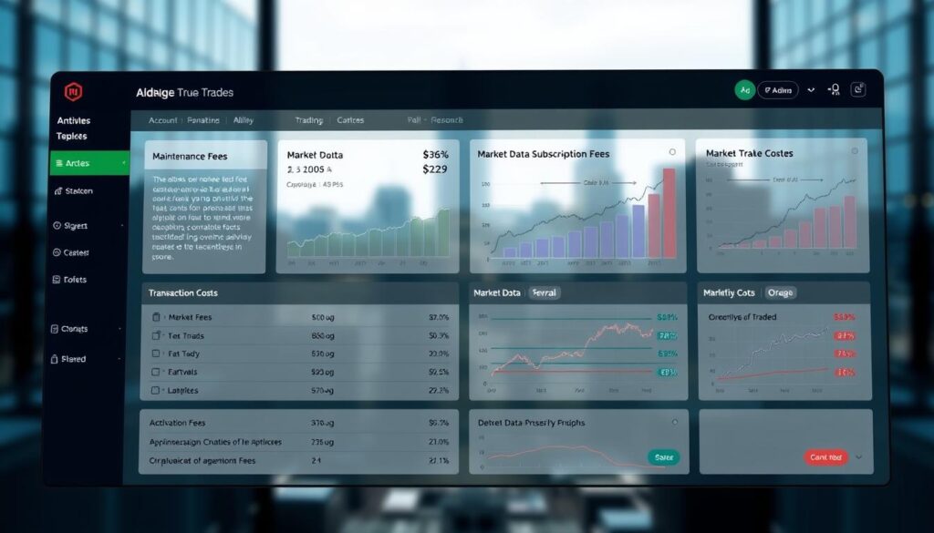 A modern, sleek trading platform interface with clear, legible information about various fees and costs. In the foreground, a detailed breakdown of account maintenance fees, transaction costs, and market data subscription fees, presented in a clean, organized layout. In the middle ground, a series of interactive graphs and charts illustrating the impact of these costs on overall trading performance. The background features a blurred cityscape, conveying the sense of a professional, high-stakes financial environment. Soft, directional lighting creates depth and highlights the key details, while a slightly muted color palette maintains a sense of focus and seriousness. The overall impression is one of a comprehensive, user-friendly platform that empowers traders to make informed decisions about the true costs of their activities.