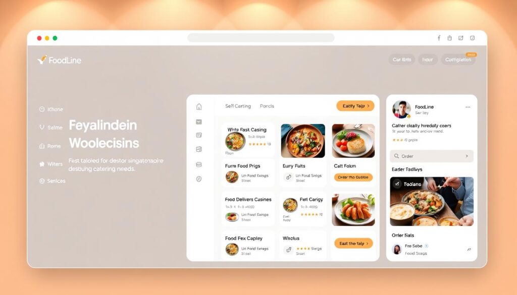 A modern, sleek web interface showcasing the FoodLine catering platform. In the center, a minimalist dashboard displays a list of catering services, with high-quality food images and information on cuisine types, pricing, and available delivery slots. The left sidebar offers intuitive navigation, while the right side features a user profile and order management tools. Crisp lines, muted colors, and subtle animations create a polished, user-friendly aesthetic. Warm lighting from above casts a soft glow, highlighting the platform's clean, responsive design optimized for both desktop and mobile. The overall mood is professional, efficient, and tailored to Singapore's discerning catering needs.