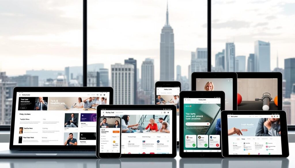 A modern, sleek web interface showcasing various specialized job search platforms. In the foreground, a laptop screen displays a clean, minimalist UI with distinct job categories and filtering options. The middle ground features a diverse array of mobile devices and tablets, each highlighting a different niche job portal, from tech and healthcare to freelance and remote work. The background depicts a cityscape with skyscrapers, reflecting the urban, professional setting. The lighting is soft and diffused, creating a warm, inviting atmosphere. The overall composition conveys a sense of efficiency, accessibility, and the power of targeted job searches.