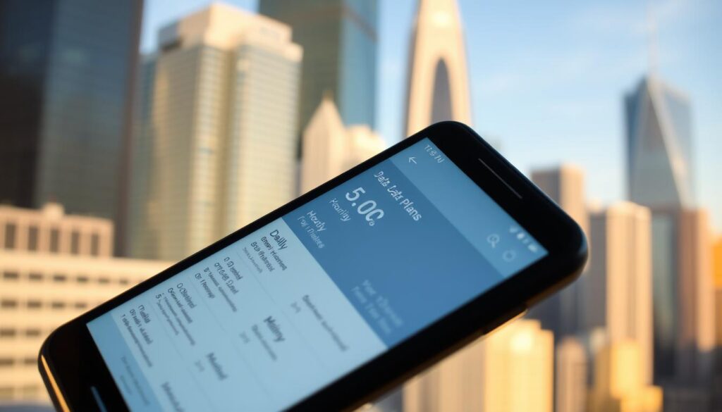 A modern smartphone displaying a range of affordable international mobile data roaming plans, set against a blurred cityscape backdrop with skyscrapers and high-rise buildings. The screen showcases different data plan options, including hourly, daily, and weekly packages, with clear pricing and data allowance information. The lighting is warm and natural, creating a professional yet inviting atmosphere. The angle is slightly angled to highlight the screen's contents while maintaining a visually appealing composition.
