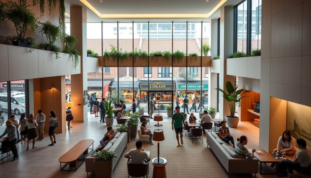 A modern, stylish social living hotel in the heart of Singapore's vibrant Chinatown. A wide, inviting lobby with cozy seating areas, warm lighting, and lush greenery creates a welcoming atmosphere. The hotel's minimalist, contemporary design features clean lines, natural materials, and neutral tones. In the background, the iconic shophouses and bustling street life of Chinatown are visible through large windows, blending the indoor and outdoor spaces. People mingle and relax in the communal areas, appreciating the hotel's social, community-focused vibe. An urban oasis that seamlessly integrates the local culture and modern amenities.