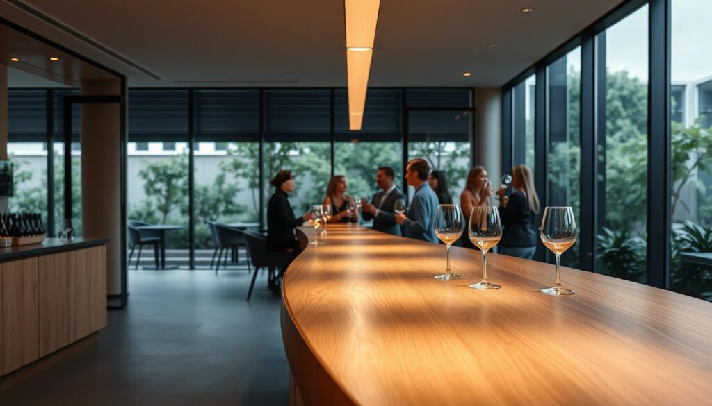 A modern, sustainable wine experience set in a minimalist, yet inviting space. The foreground features a sleek, artisanal wine bar with a curved, natural wood surface and discrete lighting fixtures casting a warm glow. In the middle ground, a group of patrons engage in lively conversation while sipping wine from stemless glassware. The background showcases floor-to-ceiling windows offering panoramic views of a lush, urban garden. The overall atmosphere is one of sophistication, sustainability, and a deep appreciation for the wine-tasting ritual.