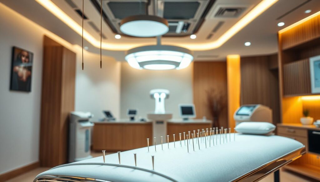 A modern traditional Chinese medicine (TCM) clinic, bathed in warm, diffused lighting. In the foreground, a sleek, minimalist acupuncture table with clean lines and a polished chrome finish. Hovering above it, an array of precisely calibrated needles, their metallic tips glinting subtly. In the middle ground, a high-tech infrared lamp casts a gentle, soothing glow, complementing the natural wood and earth-toned accents that adorn the space. The background features state-of-the-art diagnostic equipment, seamlessly integrated into the clinic's harmonious aesthetic. An atmosphere of clinical professionalism blended with ancient healing traditions, creating a calming, restorative environment. A modern traditional Chinese medicine (TCM) clinic, bathed in warm, diffused lighting. In the foreground, a sleek, minimalist acupuncture table with clean lines and a polished chrome finish. Hovering above it, an array of precisely calibrated needles, their metallic tips glinting subtly. In the middle ground, a high-tech infrared lamp casts a gentle, soothing glow, complementing the natural wood and earth-toned accents that adorn the space. The background features state-of-the-art diagnostic equipment, seamlessly integrated into the clinic's harmonious aesthetic. An atmosphere of clinical professionalism blended with ancient healing traditions, creating a calming, restorative environment.