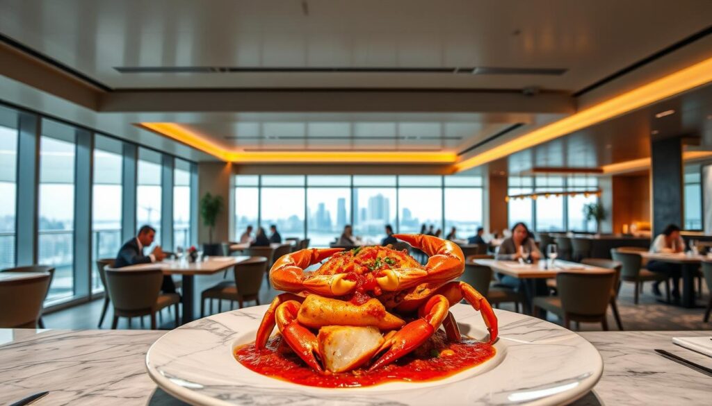 A modern, upscale crab restaurant with sleek, minimalist decor. The foreground features an artfully plated chili crab dish, with vibrant red sauce and tender crab meat. In the middle ground, diners enjoy their meals at contemporary wood and marble tables, bathed in warm, ambient lighting. The background showcases floor-to-ceiling windows, offering a panoramic view of a bustling city skyline. The overall mood is one of refined elegance, where classic flavors are elevated through innovative culinary presentation.