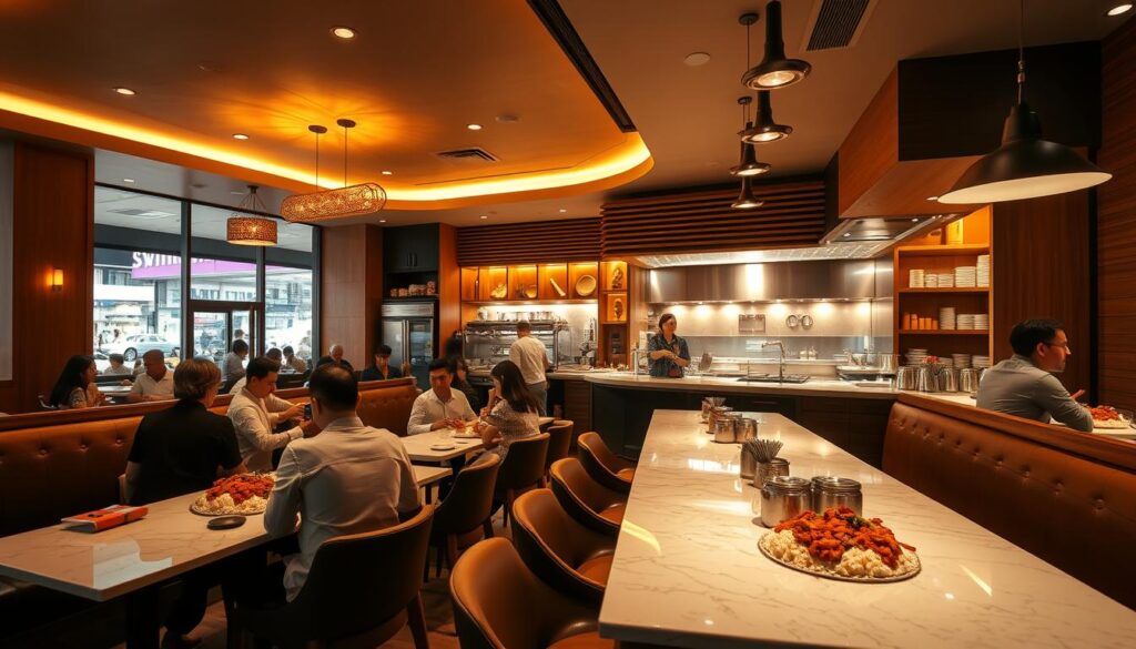 A modern, upscale nasi kandar restaurant situated in a bustling Singaporean neighborhood. The interior is bathed in warm, golden lighting, creating a cozy and inviting ambiance. Wooden accents and muted tones lend an air of sophistication, while the open kitchen allows patrons to witness the skilled preparation of the signature nasi kandar dishes. Customers are seated at sleek, marble-topped tables, eagerly awaiting the arrival of the aromatic, saucy curries and fluffy, steaming rice. The overall scene conveys a sense of culinary excellence and a celebration of the vibrant Singaporean food culture.