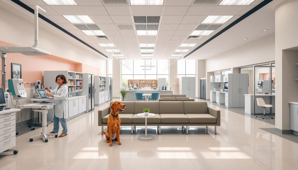 A modern veterinary clinic network with a sleek, professional atmosphere. In the foreground, a well-equipped examination room with state-of-the-art medical equipment and a friendly veterinarian attending to a patient. In the middle ground, a spacious waiting area with comfortable seating and soothing colors, creating a calming environment for both pets and their owners. The background showcases the clinic's expansive facilities, including a pharmacy, surgical suites, and a grooming salon, all connected by a streamlined layout. Bright, natural lighting filters in through large windows, complementing the clean, minimalist design. The overall impression is one of a comprehensive, trustworthy veterinary network committed to providing exceptional care and customer service.