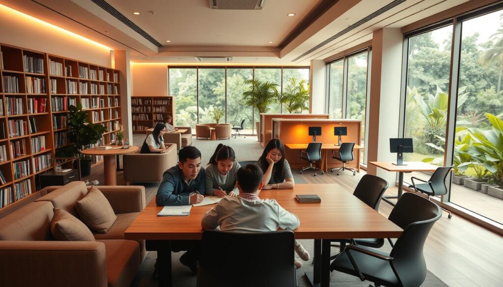 A modern, well-appointed English tuition centre in Singapore. The spacious interior features plush, comfortable seating and study areas bathed in warm, natural lighting. Shelves of educational resources line the walls, creating a cozy, scholarly atmosphere. In the foreground, a group of students collaborate at a large, wooden table, their faces alight with engaged concentration. The middle ground showcases individual study nooks, each with a sleek, ergonomic desk and chair. The background reveals floor-to-ceiling windows overlooking a lush, verdant garden, creating a serene, contemplative setting for learning.