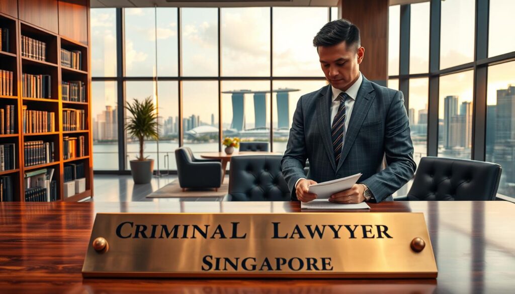 A modern, well-appointed law office with floor-to-ceiling windows, showcasing a criminal lawyer in a sharp, charcoal grey suit standing at a large mahogany desk, studying case files. In the foreground, a bronze nameplate reads "Criminal Lawyer Services Singapore". The middle ground features bookshelves lining the walls, and a comfortable seating area with plush leather chairs. The background depicts a picturesque cityscape of Singapore's skyline, with the iconic Marina Bay Sands visible in the distance, bathed in warm, golden afternoon light. The overall scene conveys a sense of professionalism, expertise, and the comprehensive services offered by a top-rated criminal lawyer in Singapore.