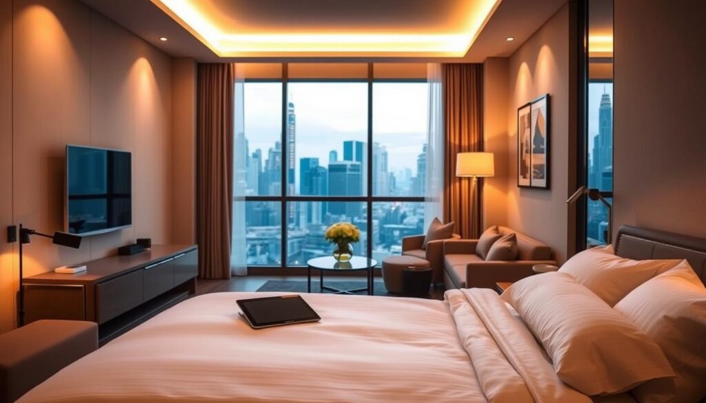 A modern, well-appointed serviced apartment in Singapore, bathed in soft, warm lighting. In the foreground, a neatly made bed with plush, crisp linens invites relaxation. On the bedside table, a tablet and a glass of water suggest the convenience of a home-away-from-home. In the middle ground, a large window offers a picturesque city skyline view, hinting at the vibrant location. The background features tasteful, contemporary furnishings and decor, creating an atmosphere of elegance and comfort. The overall scene exudes a sense of effortless sophistication, perfectly capturing the essence of booking a premium serviced apartment in Singapore.
