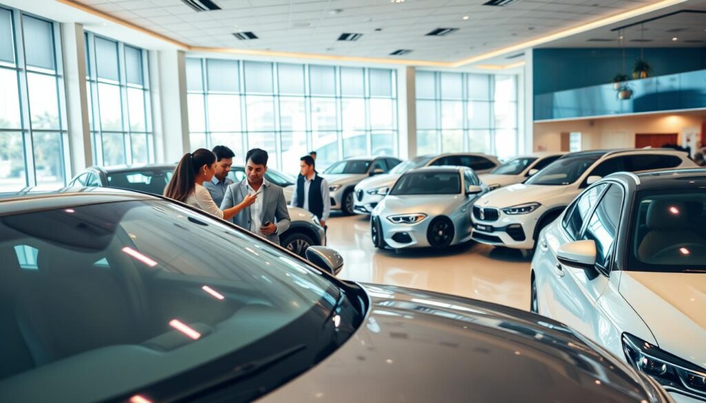 A modern, well-designed car dealership showroom with a warm, inviting ambiance. In the foreground, a group of prospective buyers carefully examining the features and interior of a sleek, mid-size sedan on display. The middle ground showcases a lineup of various makes and models, each positioned to highlight their unique styling and appeal. The background features large, floor-to-ceiling windows, allowing natural light to flood the space and creating a sense of openness and transparency. The overall mood is one of professionalism, trust, and customer-centric service, conveying the key factors that car buyers in Singapore should consider when choosing a reputable dealer.