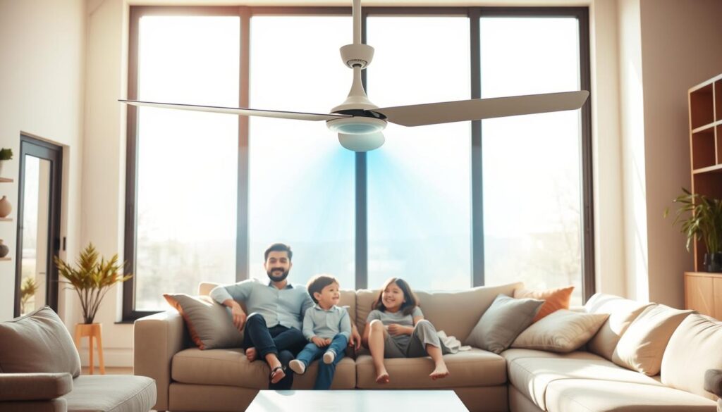 A modern, well-designed family living room with a sleek, bladeless fan prominently displayed. The fan is positioned at the center, casting a gentle breeze throughout the space. The room is bathed in warm, natural lighting, with large windows allowing sunlight to stream in. Family members, including a young child, are gathered comfortably on a plush sofa, enjoying the cooling comfort provided by the fan. The overall scene conveys a sense of safety, relaxation, and the benefits of upgrading to a cutting-edge, energy-efficient cooling technology.