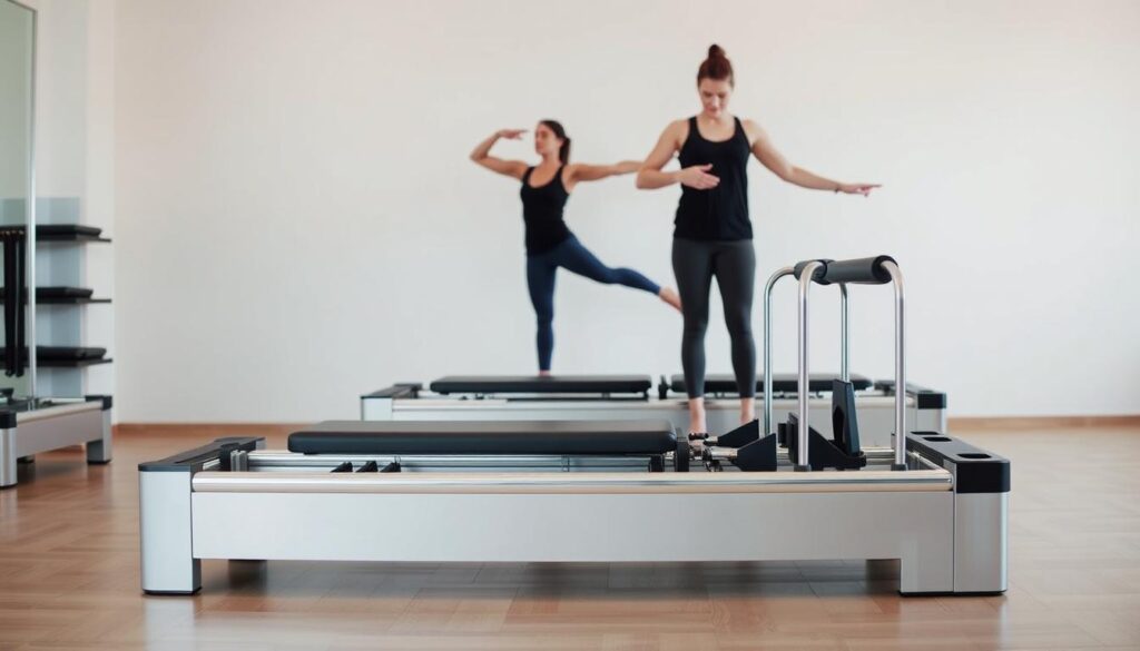 A modern, well-equipped Pilates studio with state-of-the-art technology. In the foreground, a sleek Reformer machine sits atop a polished wooden floor, its chrome accents gleaming under soft, even lighting. In the middle ground, an instructor demonstrates precise form and control as they guide a client through a series of core-strengthening exercises. The background features minimalist, neutral-toned walls, allowing the equipment and movement to take center stage. The overall scene conveys a sense of scientific precision, wellness, and high-quality training tailored to the individual.