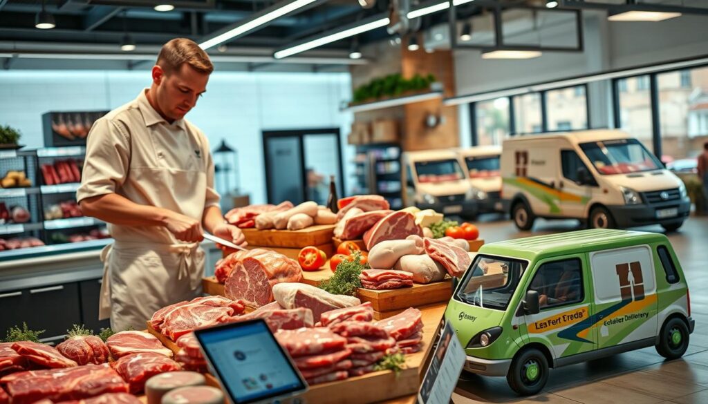 A modern, well-equipped butcher's shop with a sleek interior, crisp lighting, and a prominent display of fresh, high-quality meats. In the foreground, a butcher in a crisp white apron expertly cuts and packages various cuts of beef, pork, and poultry, showcasing the care and attention to detail in their craft. The middle ground features a seamless online ordering system, with a tablet displaying a user-friendly interface for easy meat selection and hassle-free delivery. In the background, a fleet of eco-friendly delivery vehicles waits to transport the orders to satisfied customers, ensuring convenient and reliable meat delivery service.