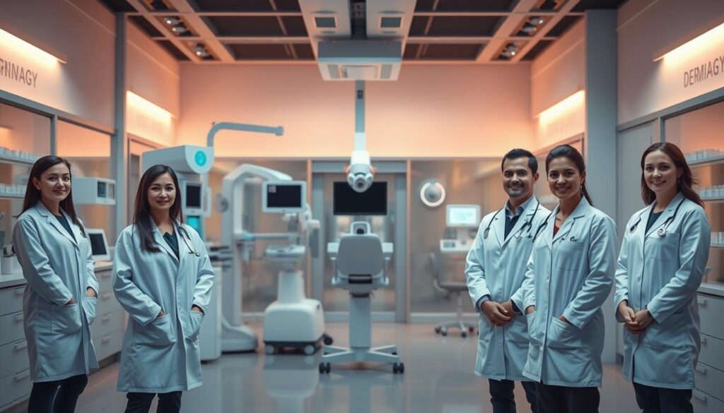 A modern, well-equipped dermatology clinic set against a backdrop of a serene, minimalist interior. In the foreground, a group of medical professionals in clean, crisp white coats stand ready to provide comprehensive skin care services. The middle ground showcases state-of-the-art diagnostic equipment and treatment rooms, bathed in warm, soft lighting. In the background, a soothing palette of muted grays and blues creates a calming, professional atmosphere. The overall composition conveys a sense of expertise, care, and attention to detail, reflecting the high-quality dermatological services on offer.