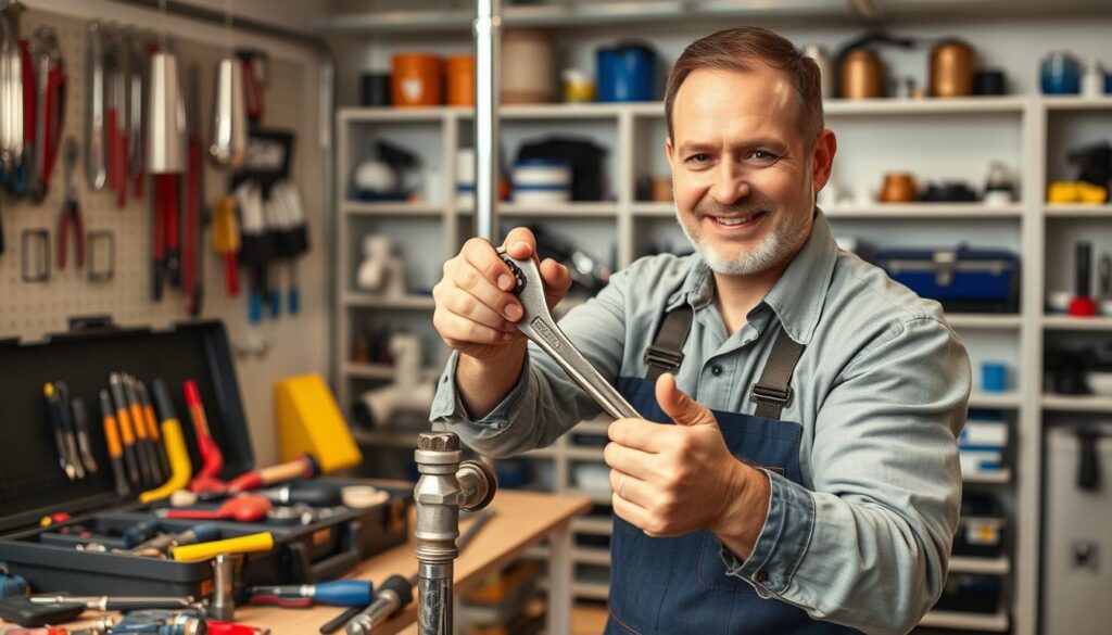 A modern, well-equipped plumbing workshop with an experienced plumber at work. The foreground shows the plumber's hands skillfully using a wrench to dismantle a pipe, showcasing their technical expertise. The middle ground features a range of plumbing tools, including a toolbox, pipe cutter, and solder gun, all neatly organized and readily available. The background depicts a clean, well-lit workspace with shelves stocked with various plumbing supplies and parts, conveying a sense of professionalism and attention to detail. The lighting is warm and natural, highlighting the plumber's focused expression and the gleam of the metal tools. The overall atmosphere exudes a combination of technical mastery, efficiency, and the reliable service that customers can expect from expert plumbers.