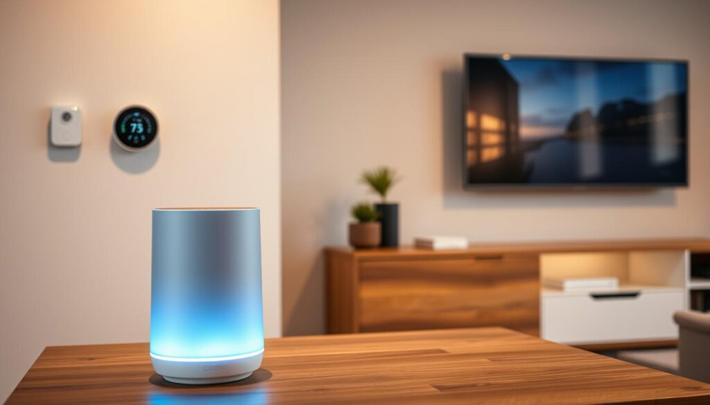 A modern, well-equipped smart home with a variety of cutting-edge devices. In the foreground, a sleek voice-controlled smart speaker sits atop a minimalist wooden table, its LED lights pulsing gently. In the middle ground, a smart thermostat and a security camera are mounted on the wall, seamlessly blending into the minimalist decor. In the background, a smart TV is mounted above a stylish entertainment unit, displaying a crisp, high-definition image. The lighting is warm and ambient, creating a comfortable and inviting atmosphere. The overall scene conveys a sense of technological sophistication and effortless integration into a contemporary living space.