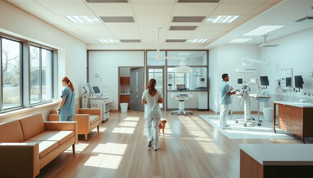 A modern, well-equipped veterinary clinic with natural light streaming through large windows. The reception area features clean, minimalist design with comfortable seating. In the examination rooms, state-of-the-art medical equipment stands ready to provide the best care. The surgical suite is bright and sterile, equipped with the latest technology. Warm, earthy tones create a calming atmosphere throughout, conveying a sense of professionalism and attention to patient comfort. Veterinary staff move efficiently yet with a gentle, compassionate demeanor. The overall impression is one of a forward-thinking, patient-centric facility dedicated to the health and wellbeing of its animal patients.