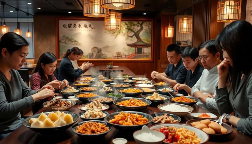 A modern, well-lit Chinese restaurant interior, with a central table showcasing an array of authentic Chinese dishes - steaming dumplings, sizzling stir-fries, and fragrant rice dishes. The table is surrounded by patrons carefully selecting their meal, examining the dishes with thoughtful expressions. The atmosphere is warm and inviting, with subtle wooden accents, soft lighting, and a subtle hint of incense in the air. In the background, a calming landscape mural depicts a traditional Chinese garden, adding to the immersive dining experience. The overall scene conveys the process of choosing the best Chinese dining options, reflecting the vibrant and diverse culinary landscape of Singapore.