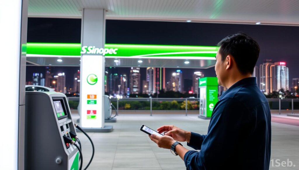 A modern, well-lit Sinopec petrol station in Singapore, with its signature green and white branding prominently displayed. In the foreground, a customer is using a credit card to access the Sinopec fuel rewards program, their phone in hand, showcasing the digital integration of the loyalty system. The middle ground features neatly arranged fuel pumps and a clean, well-maintained forecourt. In the background, the vibrant cityscape of Singapore is visible, hinting at the station's convenient urban location. The overall scene conveys a sense of efficiency, technology, and the unique value proposition of Sinopec's fuel rewards program for Singaporean drivers.