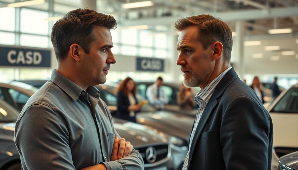 A modern, well-lit car showroom with a variety of vehicle models prominently displayed. In the foreground, a confused-looking customer is speaking with an overly aggressive, high-pressure car salesman, their body language indicating an uncomfortable interaction. The salesman's expression is insincere, contrasting with the customer's hesitant and uncertain demeanor. In the background, other customers browse the selection of cars, some appearing disinterested or overwhelmed. The lighting is warm and inviting, but the tension between the salesman and customer creates an underlying sense of unease, highlighting the potential pitfalls of an ill-advised car buying experience.