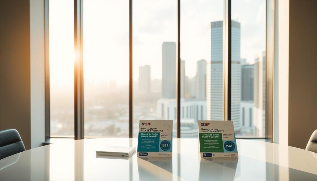 A modern, well-lit corporate office interior with a large, clean desk in the foreground displaying brochures and documents related to fixed deposit options from Hong Leong Finance and SIF. The desk is positioned in front of a floor-to-ceiling window, allowing natural light to flood the space and create a warm, professional atmosphere. In the background, a city skyline is visible through the window, emphasizing the financial district setting. The image should convey a sense of reliability, stability, and expertise in the realm of fixed deposit products offered by these Singaporean finance companies.