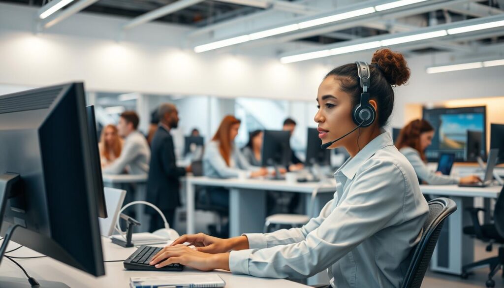 A modern, well-lit customer service center with a team of diverse technical support agents assisting customers. The foreground features a customer service representative in a professional office setting, wearing a headset and typing on a computer, with a focused expression on their face. The middle ground showcases a team of support staff collaborating and troubleshooting various devices and technologies. The background depicts a sleek, high-tech workspace with minimalist decor, large displays, and a sense of efficiency and customer-centric professionalism.