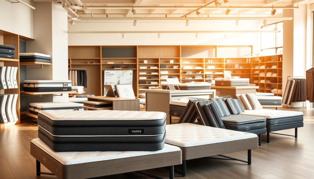 A modern, well-lit interior space featuring a prominent display of various foldable mattress options in the foreground. Sleek and stylish mattress models are showcased on shelves or platforms, highlighting their compact, portable designs. The middle ground showcases helpful signage or product information, guiding customers towards the best foldable mattress choices for their needs. In the background, a neatly organized retail environment with clean lines and neutral tones creates a calming, inviting atmosphere for shoppers to explore their options. Warm, natural lighting filters through the space, accentuating the quality and convenience of the featured foldable mattresses. A modern, well-lit interior space featuring a prominent display of various foldable mattress options in the foreground. Sleek and stylish mattress models are showcased on shelves or platforms, highlighting their compact, portable designs. The middle ground showcases helpful signage or product information, guiding customers towards the best foldable mattress choices for their needs. In the background, a neatly organized retail environment with clean lines and neutral tones creates a calming, inviting atmosphere for shoppers to explore their options. Warm, natural lighting filters through the space, accentuating the quality and convenience of the featured foldable mattresses.