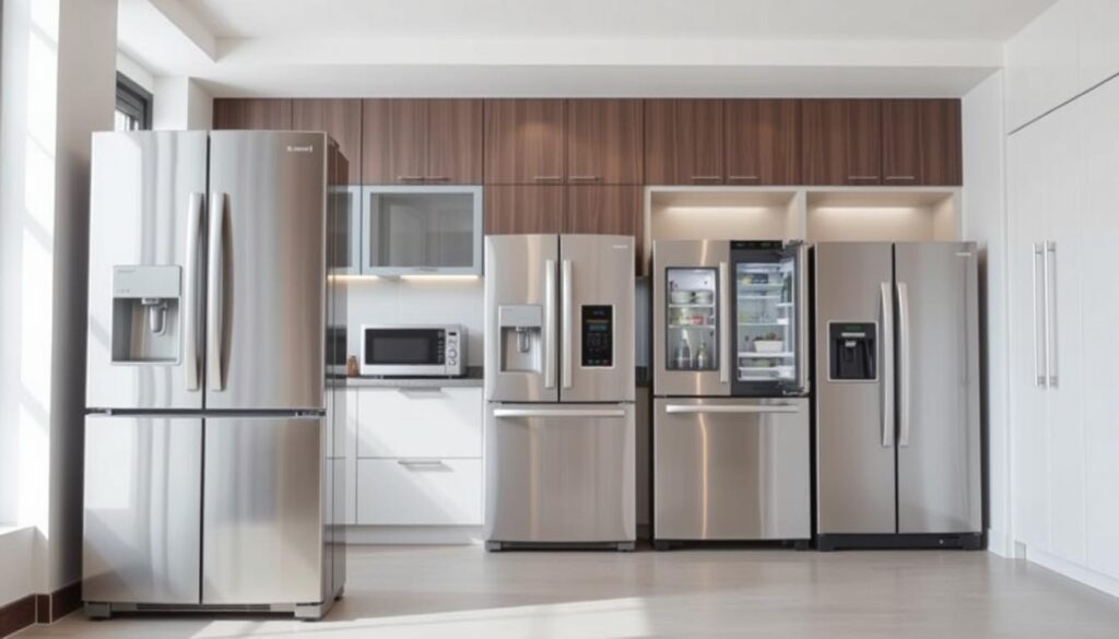 A modern, well-lit kitchen interior with various types of refrigerators prominently displayed. In the foreground, a sleek, stainless steel french-door refrigerator stands out, its glossy finish reflecting the soft, natural lighting. In the middle ground, a compact, energy-efficient top-freezer model sits alongside a spacious side-by-side refrigerator, showcasing the range of options available in Singapore. In the background, a row of built-in, integrated refrigerators blends seamlessly with the cabinetry, highlighting the diverse styles and configurations to suit different kitchen designs. The overall scene conveys a sense of sophistication and choice, perfectly capturing the "Types of Refrigerators Available in Singapore".