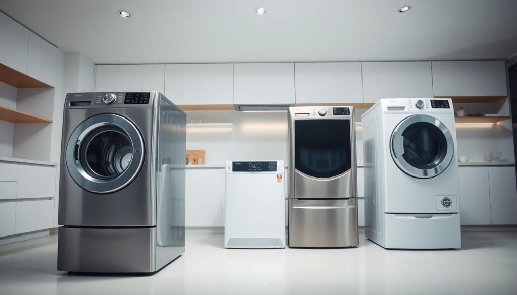A modern, well-lit kitchen setting with a high-end washer-dryer combo unit prominently displayed in the foreground. The appliance features a sleek, minimalist design with a stainless steel finish. In the middle ground, two additional washer-dryer units, one front-loading and one top-loading, are arranged side by side, allowing for a visual comparison of their features and capabilities. The background showcases a modern, clean-lined interior design with neutral-toned walls and minimalist decor, emphasizing the appliances as the focal point. The lighting is bright and evenly distributed, creating a crisp, professional atmosphere suitable for an informative product comparison.