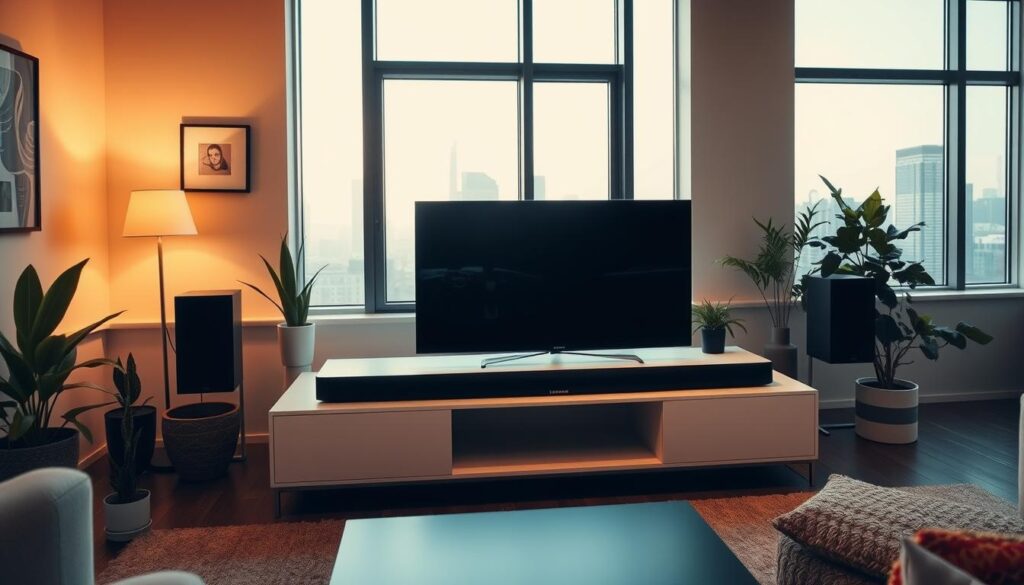 A modern, well-lit living room setting with a sleek Samsung soundbar home theater setup positioned prominently in the foreground. The soundbar is placed atop a minimalist entertainment center, flanked by potted plants and subtle wall decor. Warm, indirect lighting creates a cozy, inviting atmosphere, while large windows in the background let in natural light, revealing a cityscape beyond. The camera angle is slightly elevated, providing a clear, unobstructed view of the setup. The overall impression is one of sophistication, technology, and harmonious home design.